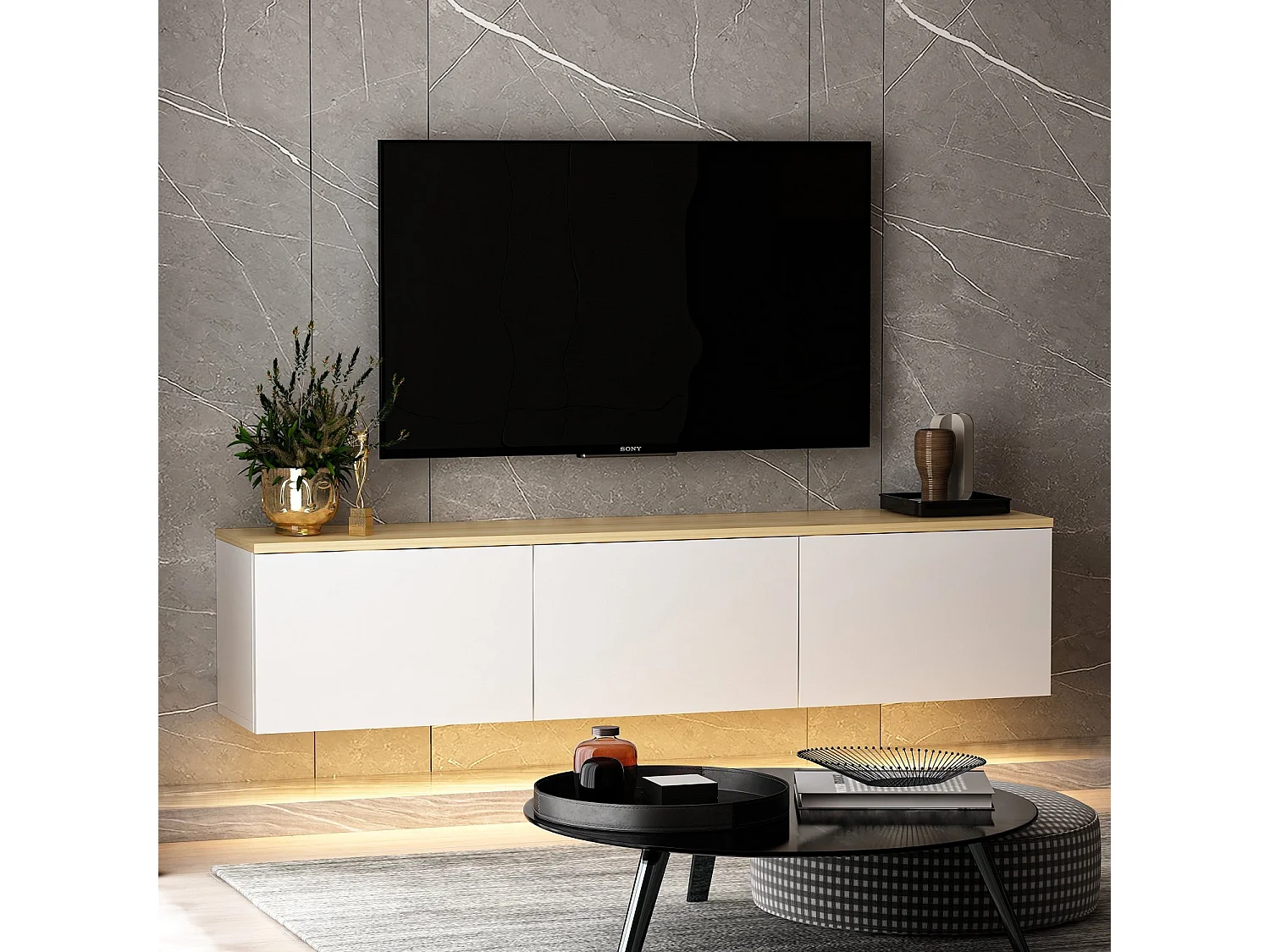 Moderner TV-Ständer mit LED-Leuchten – 160 cm – Weiß und Eiche – Melaminbeschichtete Spanplatte