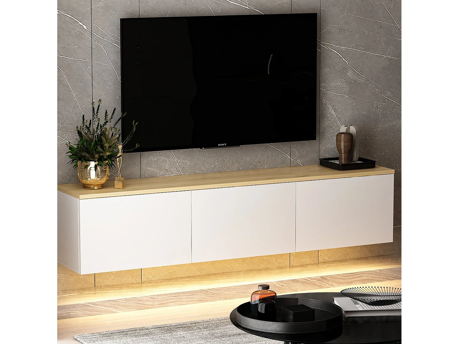 Moderner TV-Ständer mit LED-Leuchten – 160 cm – Weiß und Eiche – Melaminbeschichtete Spanplatte