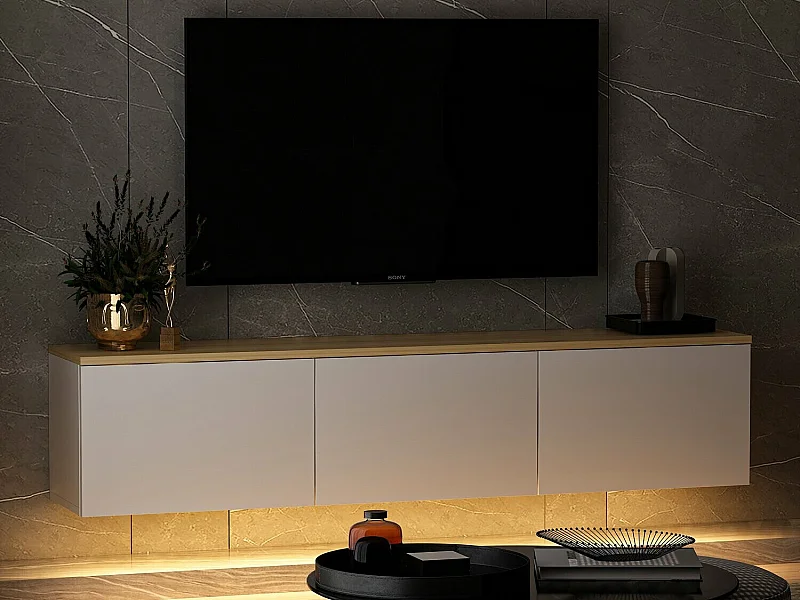 Meuble TV moderne avec éclairage LED – 160 cm – Blanc et Chêne – Panneau de particules mélaminé