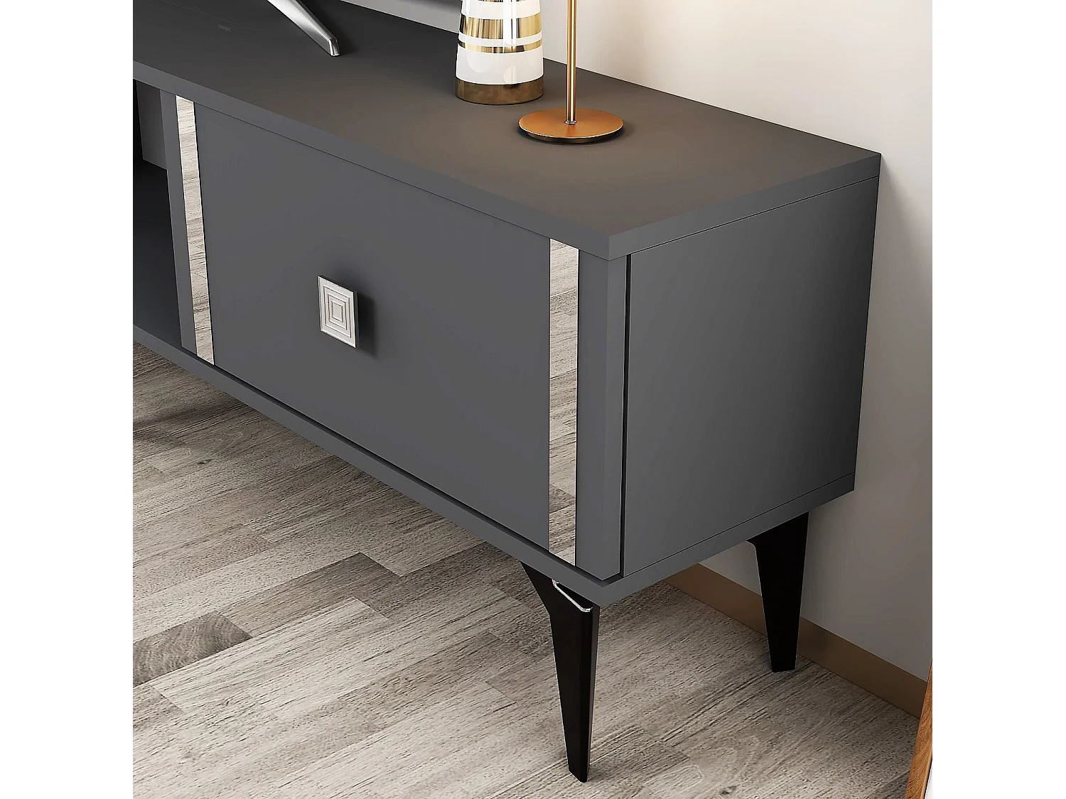 TV-Ständer – 150 cm breit – Anthrazit und Silber – Melaminbeschichtete Spanplatte