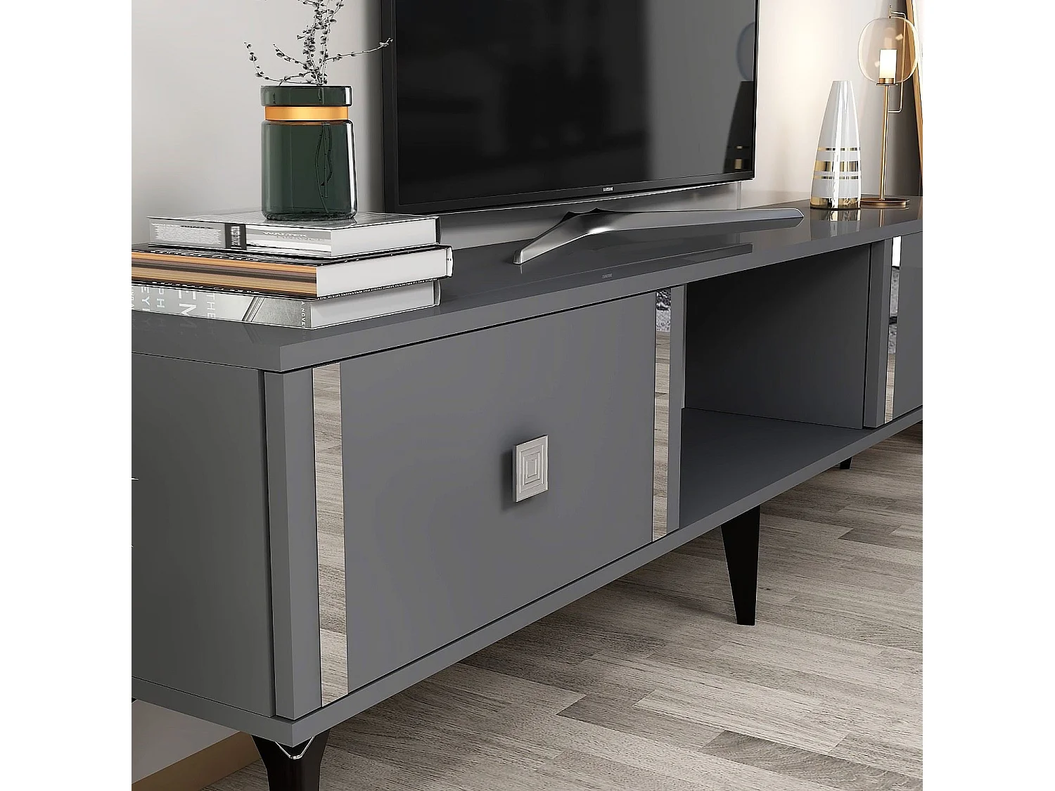 TV-Ständer – 150 cm breit – Anthrazit und Silber – Melaminbeschichtete Spanplatte