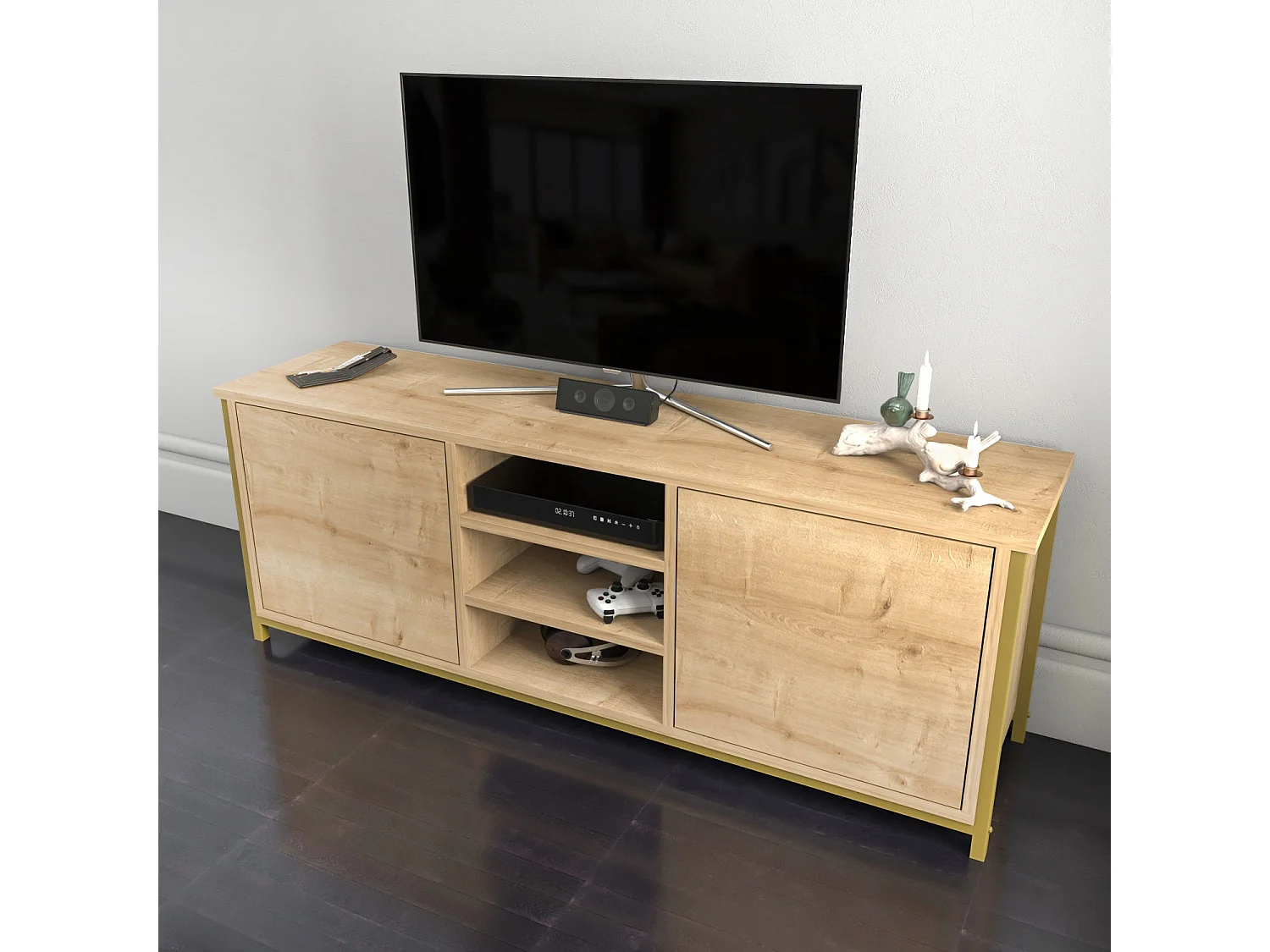 Meuble TV glamour, doré et chêne, 140 x 35,3 x 50,8 cm | Panneau de particules 100 % mélaminé, épaisseur 18 mm | Élégant et fonctionnel pour un salon moderne