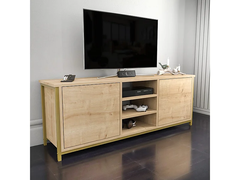 Glamoureuze tv-standaard, goud en eiken, 140 x 35,3 x 50,8 cm | 100% melamine gecoate spaanplaat, 18 mm dik | Stijlvol en functioneel voor moderne woonkamers