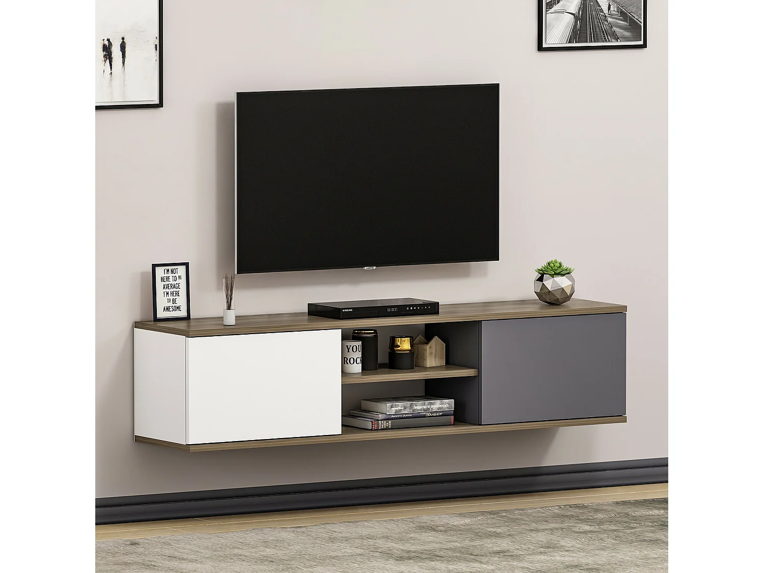 Meuble TV – 160 cm x 33,2 cm x 32 cm – Anthracite, Noyer, Blanc – Mélamine