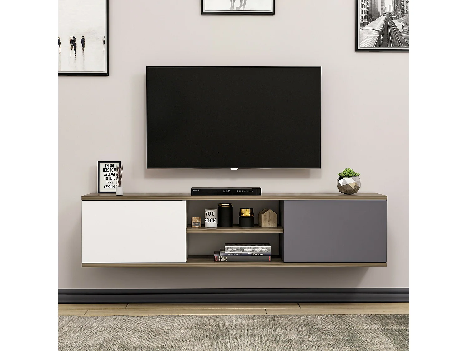 Meuble TV – 160 cm x 33,2 cm x 32 cm – Anthracite, Noyer, Blanc – Mélamine