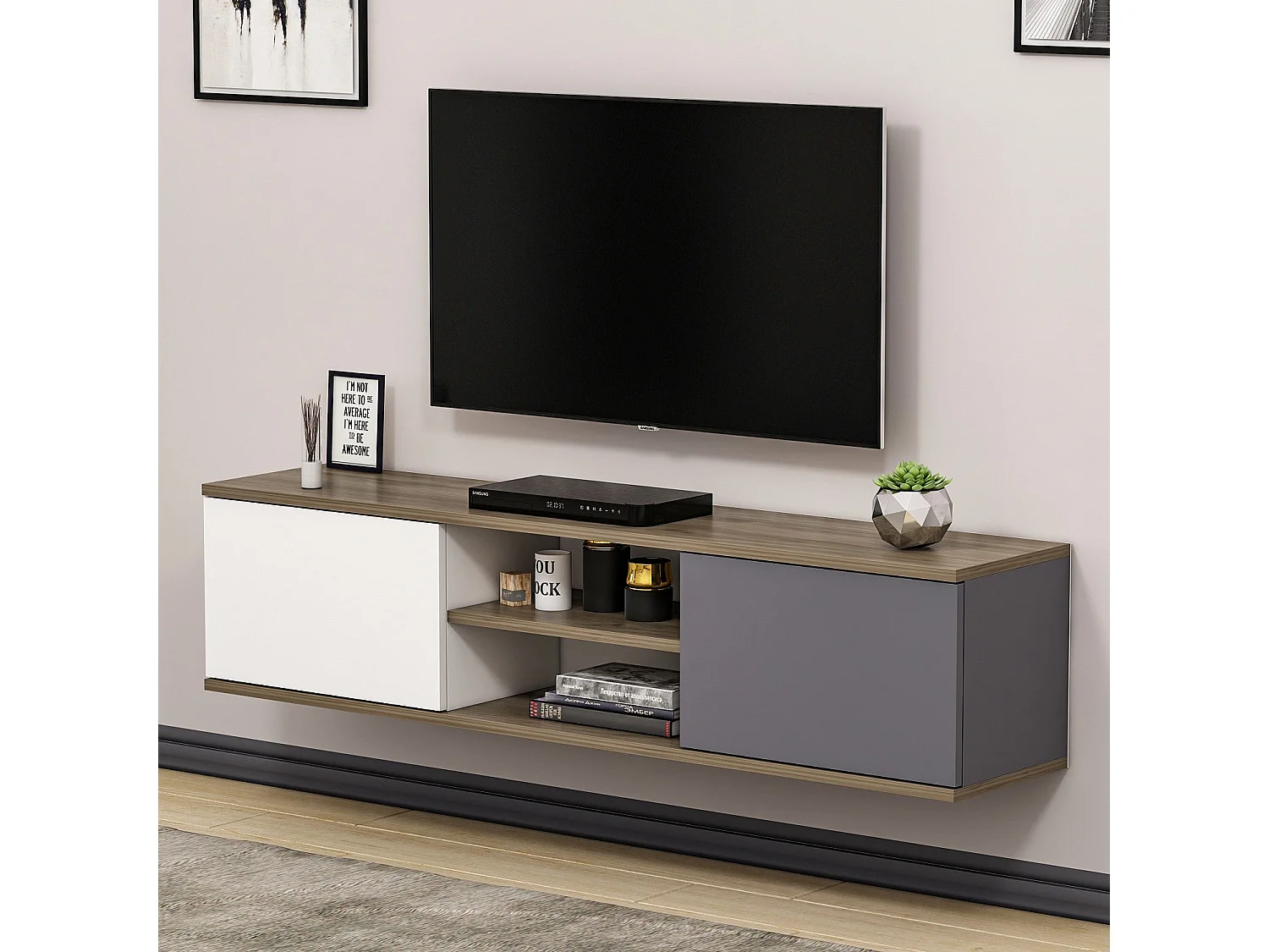 Meuble TV – 160 cm x 33,2 cm x 32 cm – Anthracite, Noyer, Blanc – Mélamine