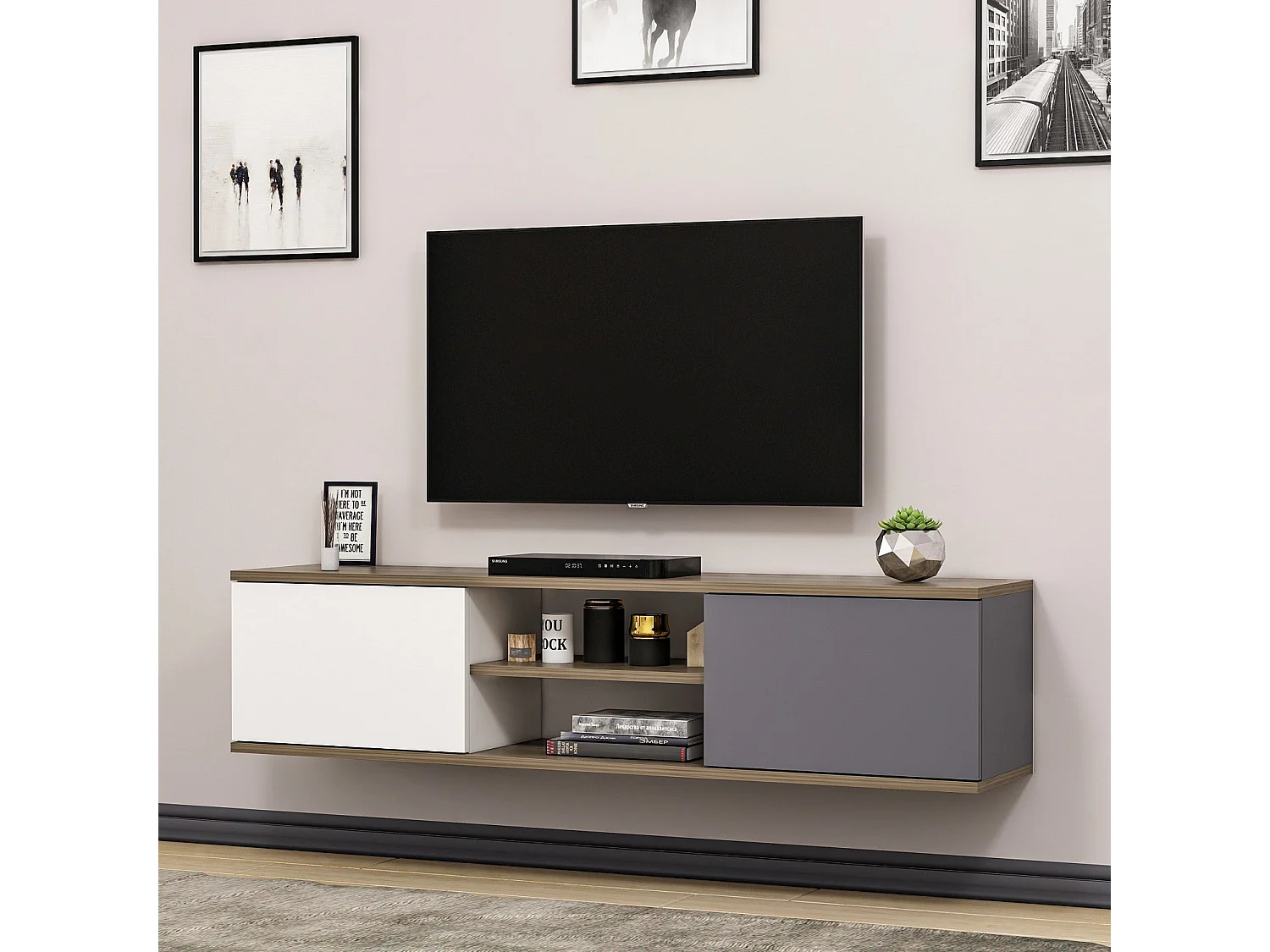 Meuble TV – 160 cm x 33,2 cm x 32 cm – Anthracite, Noyer, Blanc – Mélamine