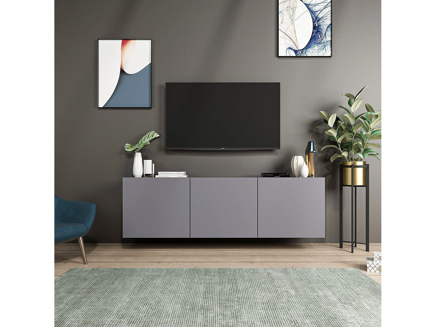 Meuble TV – 150 cm x 44 cm x 31 cm – Anthracite – Mélamine