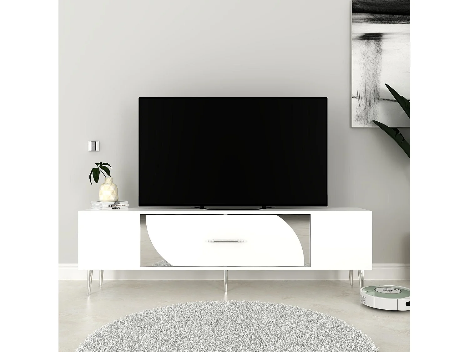 TV-meubel – 150 cm x 48,2 cm x 29,6 cm – Wit en zilver – Melamine gecoat spaanplaat