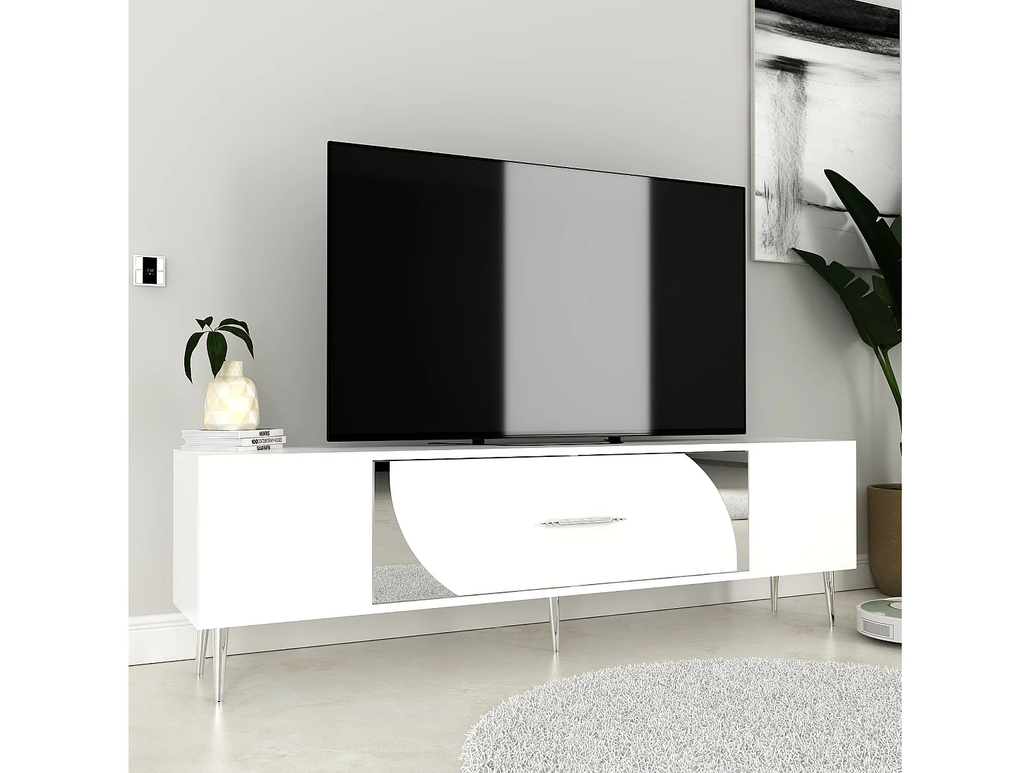 TV-meubel – 150 cm x 48,2 cm x 29,6 cm – Wit en zilver – Melamine gecoat spaanplaat
