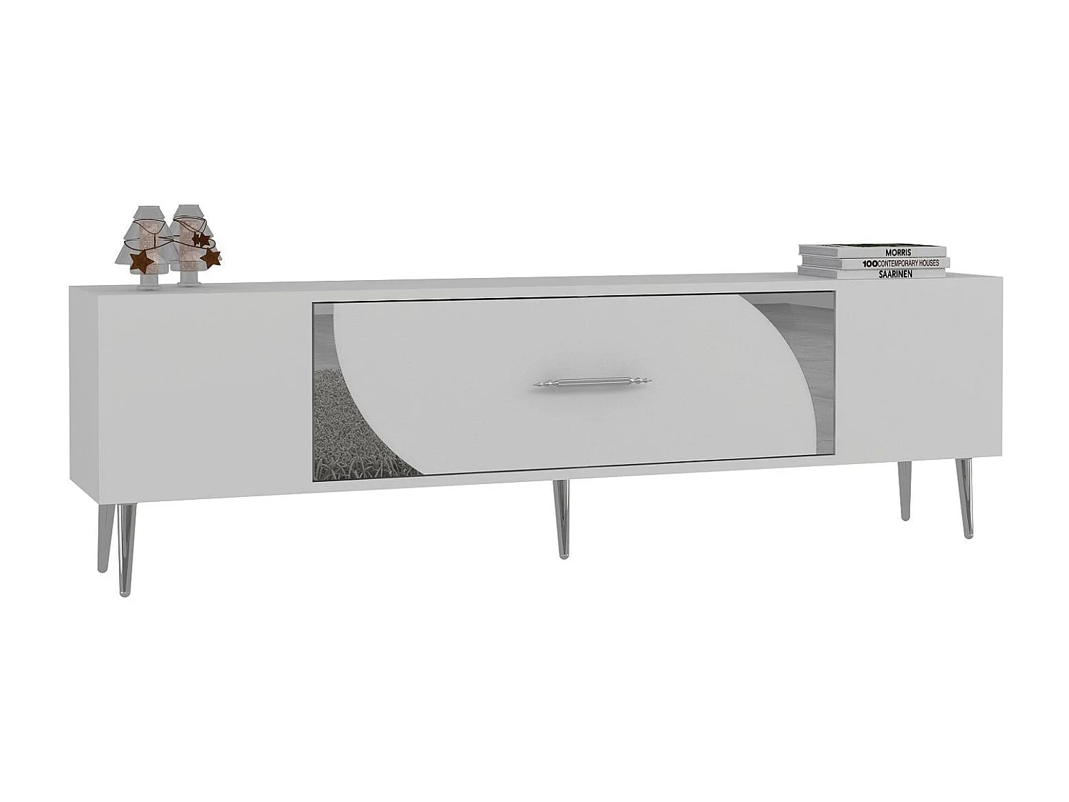 TV-meubel – 150 cm x 48,2 cm x 29,6 cm – Wit en zilver – Melamine gecoat spaanplaat