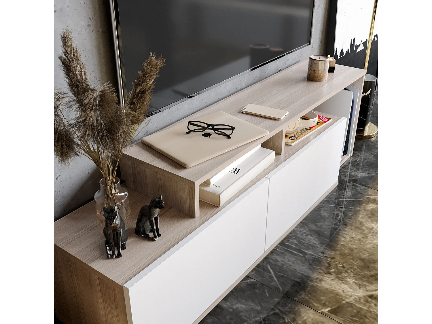 Meuble TV moderne – 149,8 cm – Córdoba et Blanc – Panneau de particules