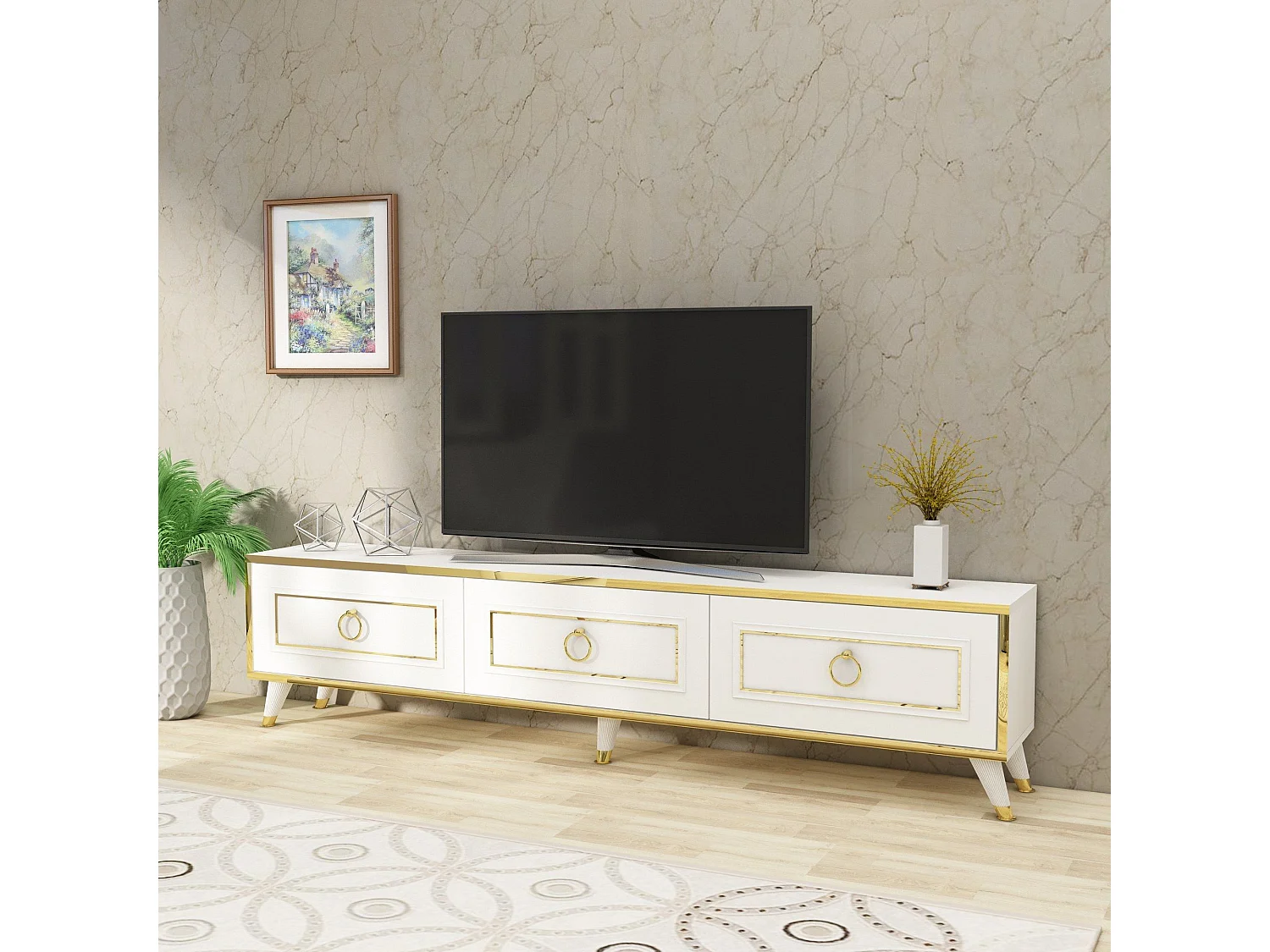 TV-Ständer – 180 x 29,5 x 45 cm – Weiß und Gold – Melaminbeschichtete Spanplatte