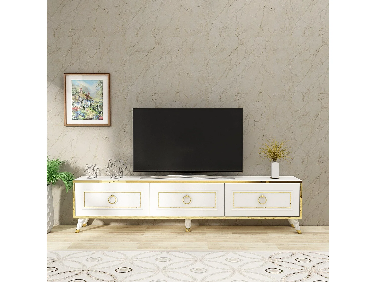 TV-Ständer – 180 x 29,5 x 45 cm – Weiß und Gold – Melaminbeschichtete Spanplatte