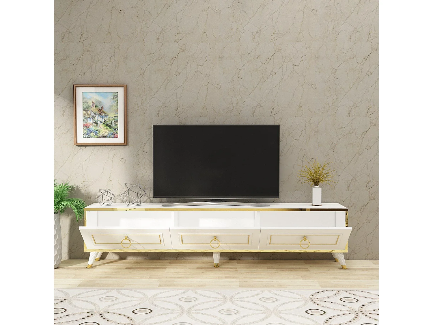 TV-Ständer – 180 x 29,5 x 45 cm – Weiß und Gold – Melaminbeschichtete Spanplatte