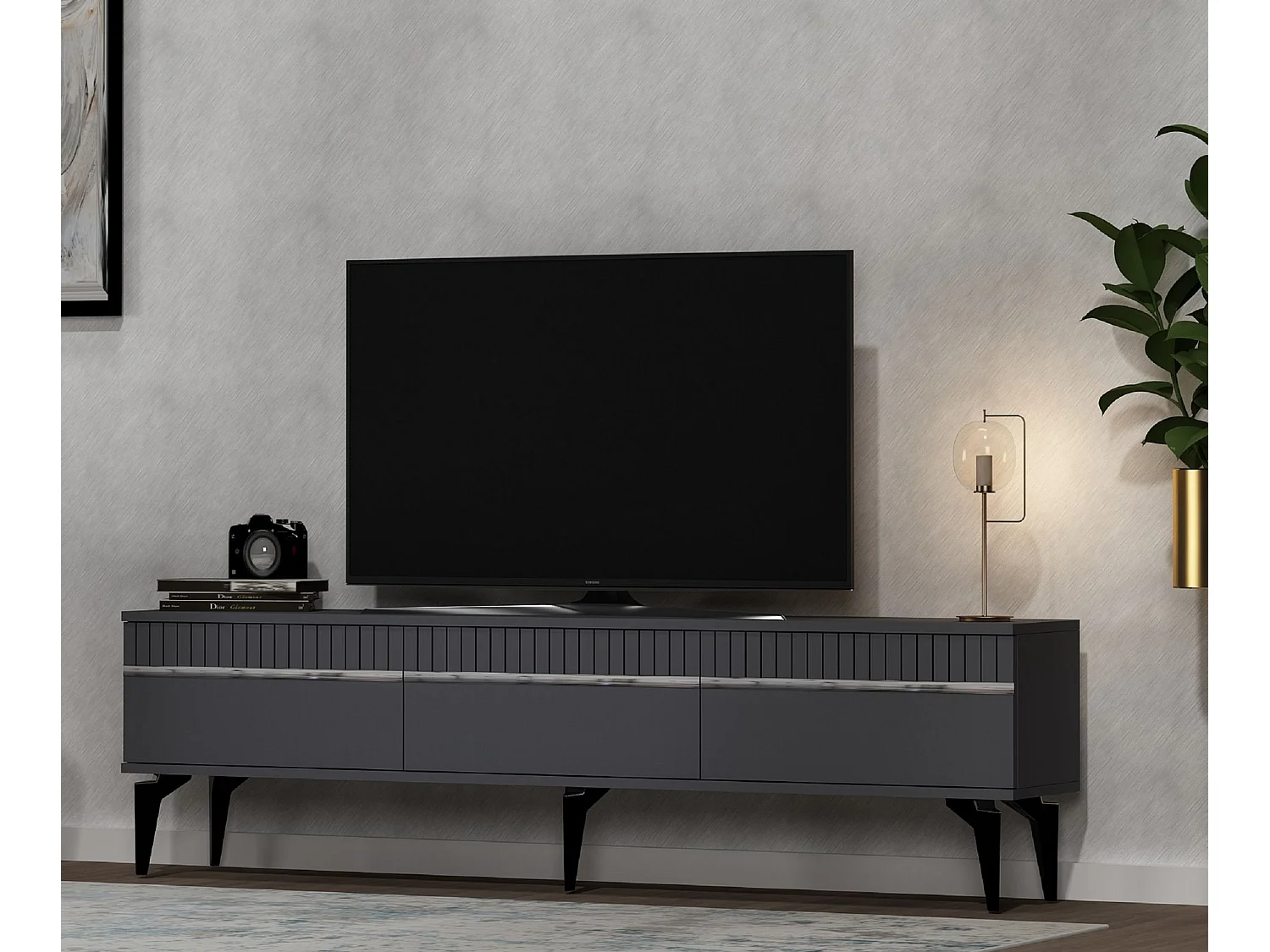 TV-Ständer – 180 cm x 44,6 cm x 29,6 cm – Anthrazit und Silber – Spanplatte