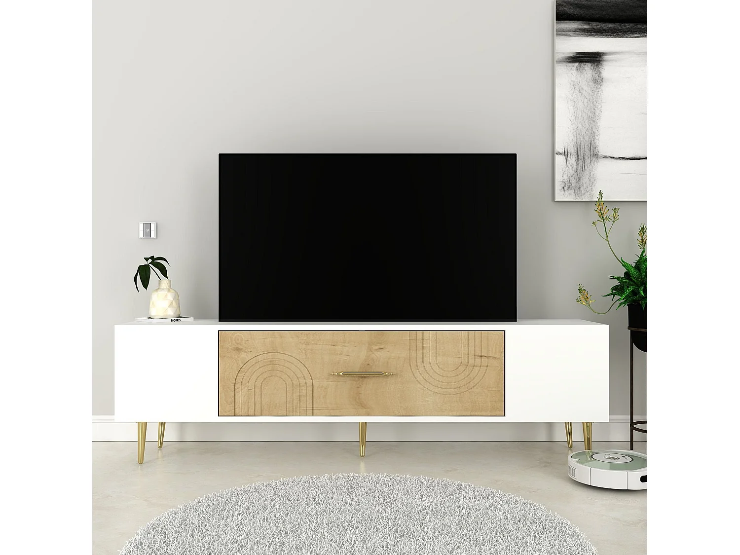 TV-Ständer – 150 cm x 48,2 cm x 29,6 cm – Saphir-Eiche, Weiß, Gold – Spanplatte