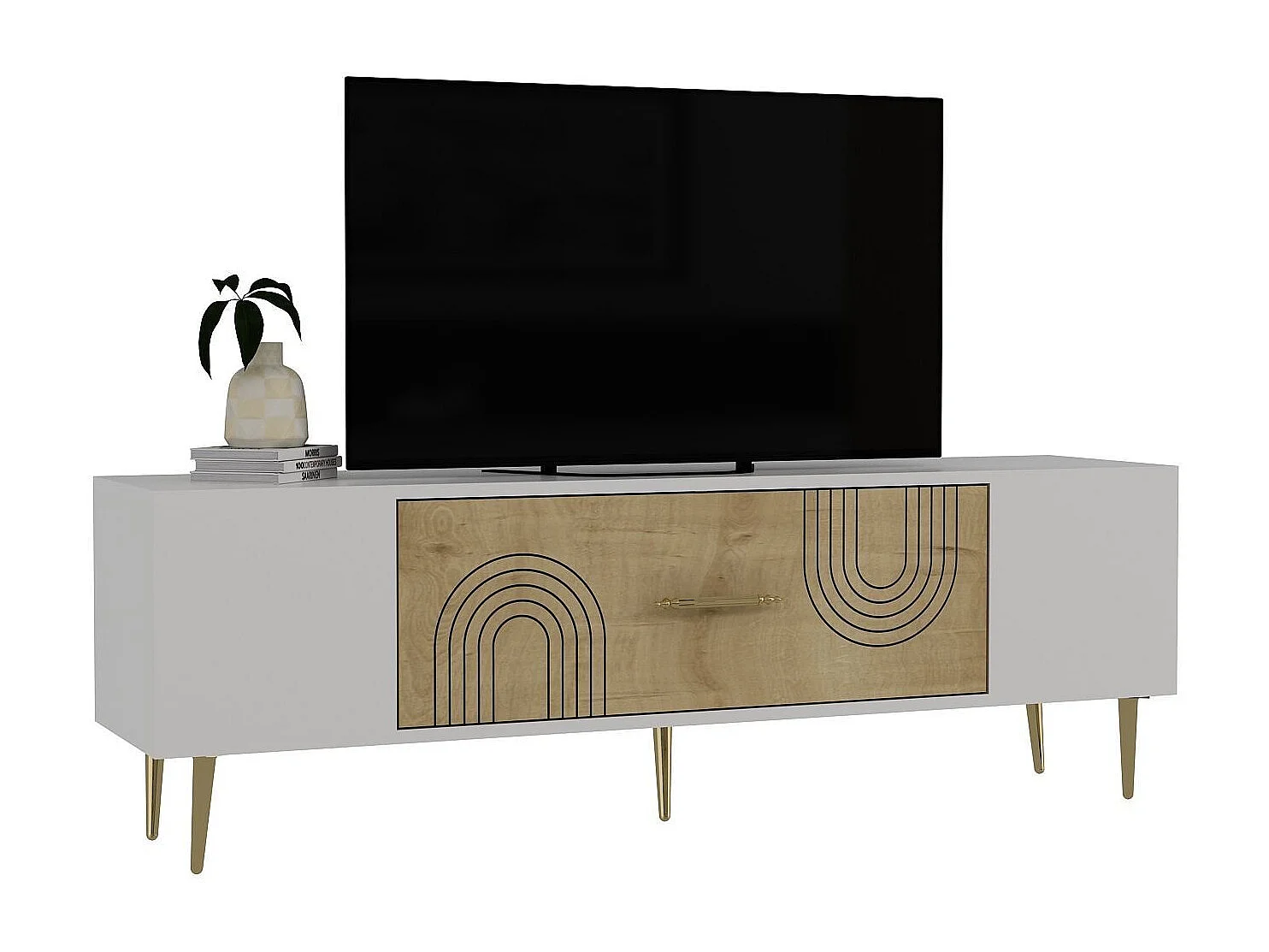 TV-Ständer – 150 cm x 48,2 cm x 29,6 cm – Saphir-Eiche, Weiß, Gold – Spanplatte