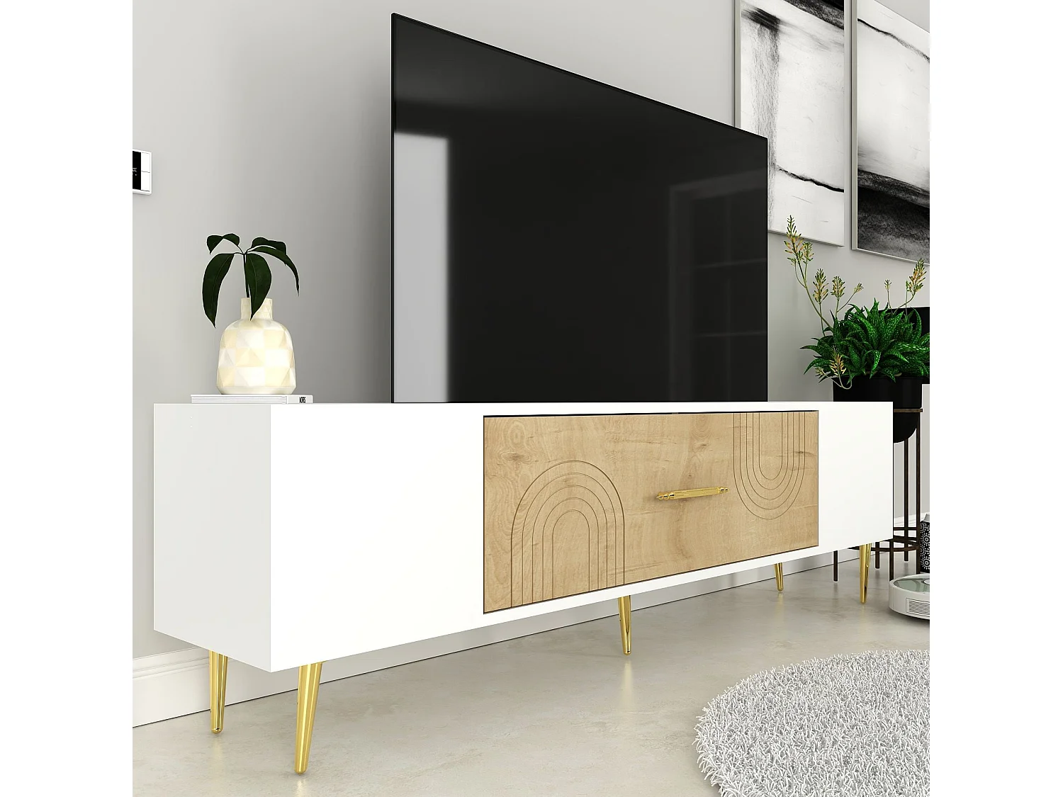 TV-Ständer – 150 cm x 48,2 cm x 29,6 cm – Saphir-Eiche, Weiß, Gold – Spanplatte