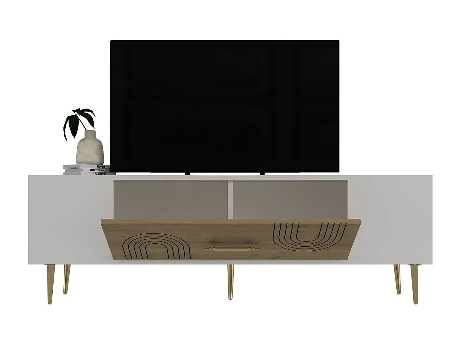 TV-Ständer – 150 cm x 48,2 cm x 29,6 cm – Saphir-Eiche, Weiß, Gold – Spanplatte