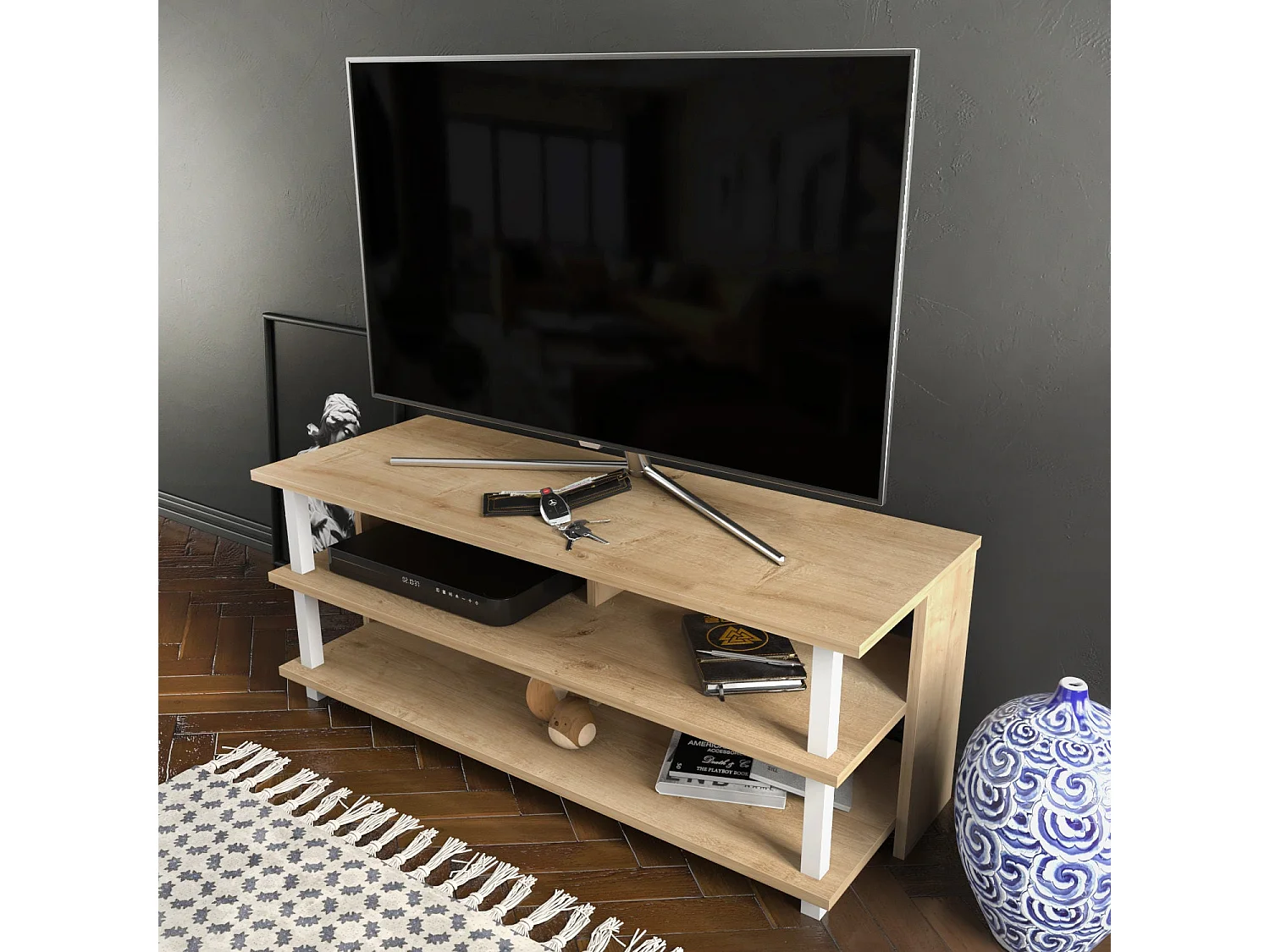 Scandinavische tv-standaard, wit en eiken, 120 x 44,6 x 47,4 cm | 100% melamine gecoate spaanplaat, 18 mm dik | Stijlvol en functioneel voor moderne woonkamers