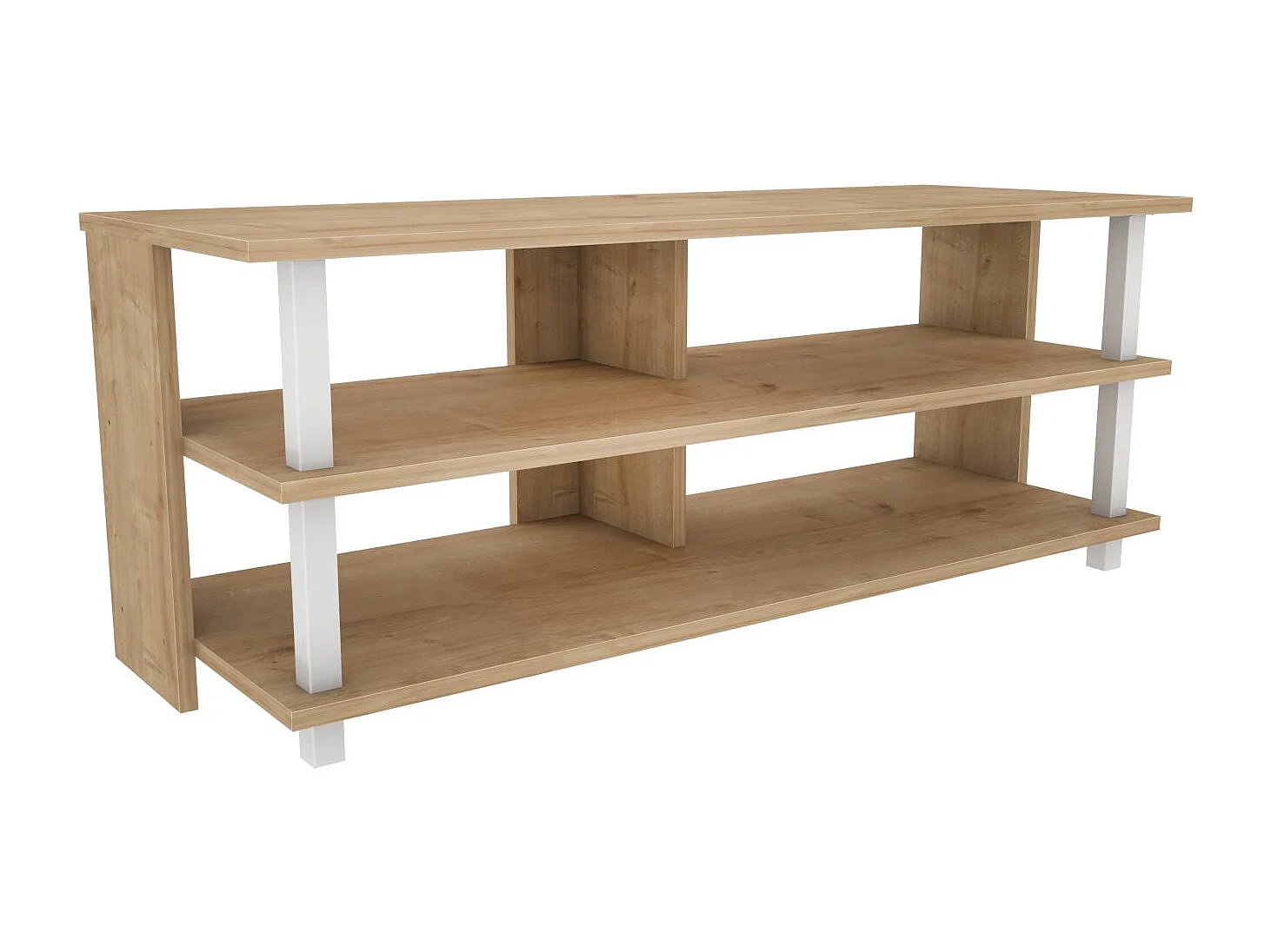 Scandinavische tv-standaard, wit en eiken, 120 x 44,6 x 47,4 cm | 100% melamine gecoate spaanplaat, 18 mm dik | Stijlvol en functioneel voor moderne woonkamers