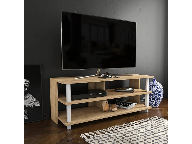 Meuble TV scandinave, blanc et chêne, 120 x 44,6 x 47,4 cm | Panneau de particules 100 % mélaminé, épaisseur 18 mm | Élégant et fonctionnel pour un salon moderne