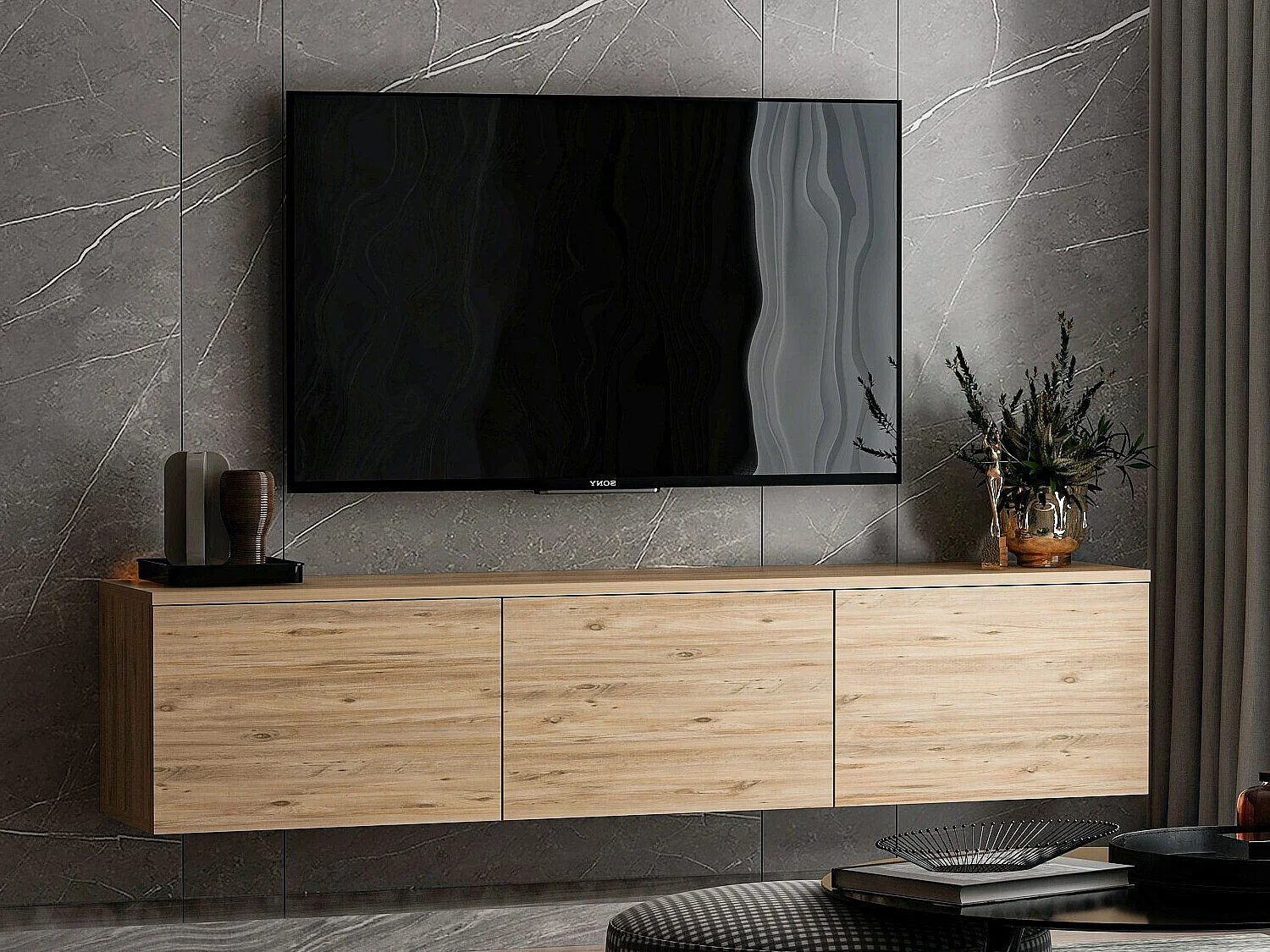 Meuble TV en bois "Neon" 160 x 32 x 35 cm - Pin atlantique