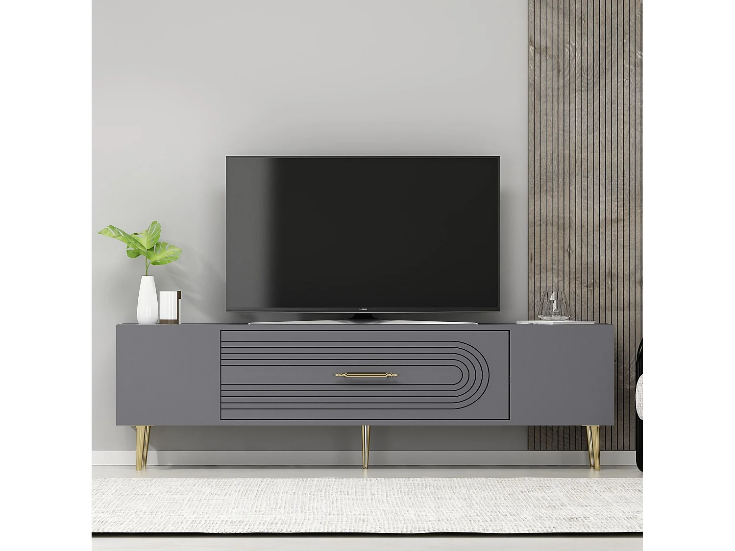 TV-Ständer – 150 cm x 48,2 cm x 29,6 cm – Anthrazit und Gold – Melaminbeschichtete Spanplatte