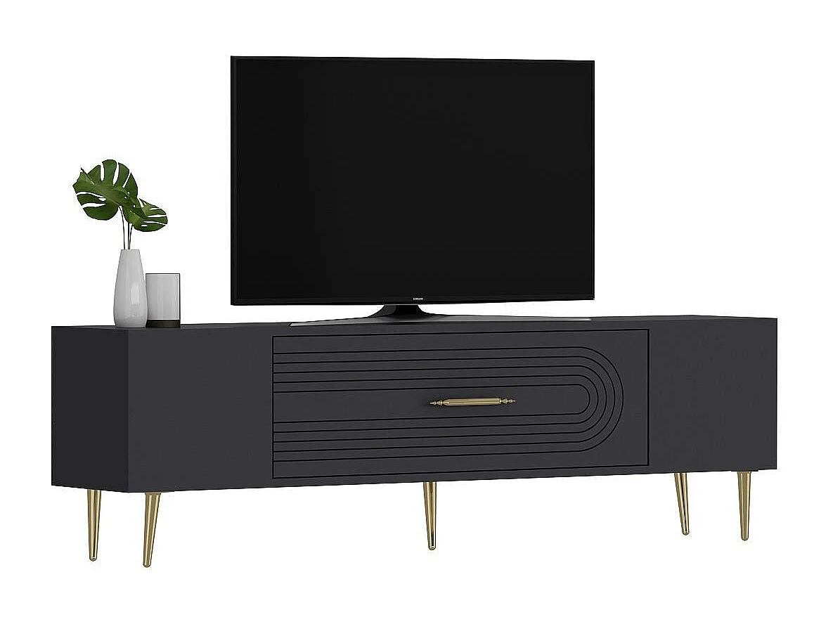 TV-Ständer – 150 cm x 48,2 cm x 29,6 cm – Anthrazit und Gold – Melaminbeschichtete Spanplatte