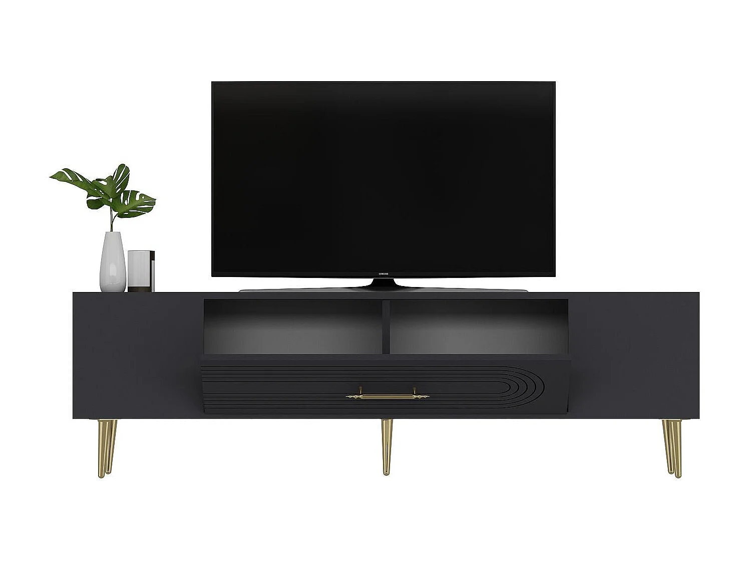 TV-Ständer – 150 cm x 48,2 cm x 29,6 cm – Anthrazit und Gold – Melaminbeschichtete Spanplatte