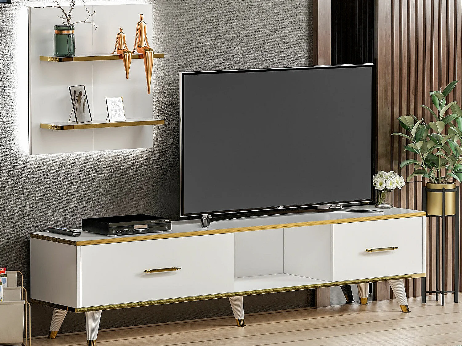 Stojak pod TV – 180x43,6x35 cm – Biały i złoty – Płyta wiórowa pokryta melaminą