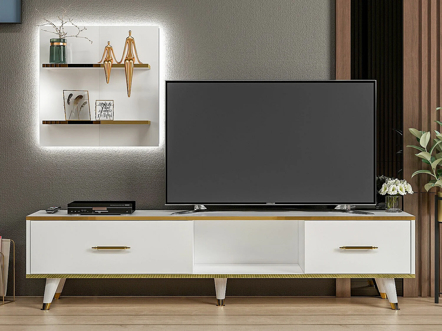 Stojak pod TV – 180x43,6x35 cm – Biały i złoty – Płyta wiórowa pokryta melaminą