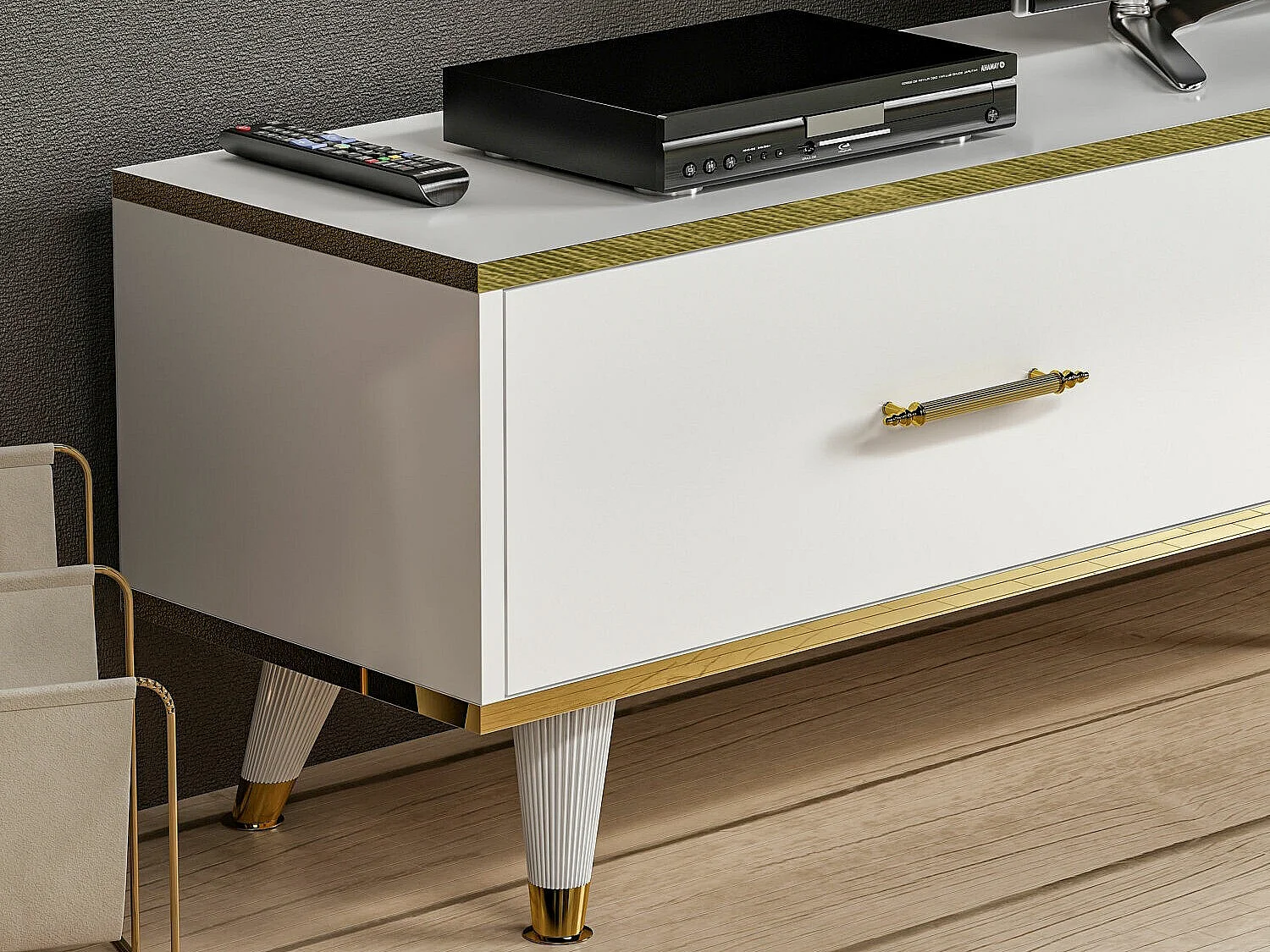 Stojak pod TV – 180x43,6x35 cm – Biały i złoty – Płyta wiórowa pokryta melaminą