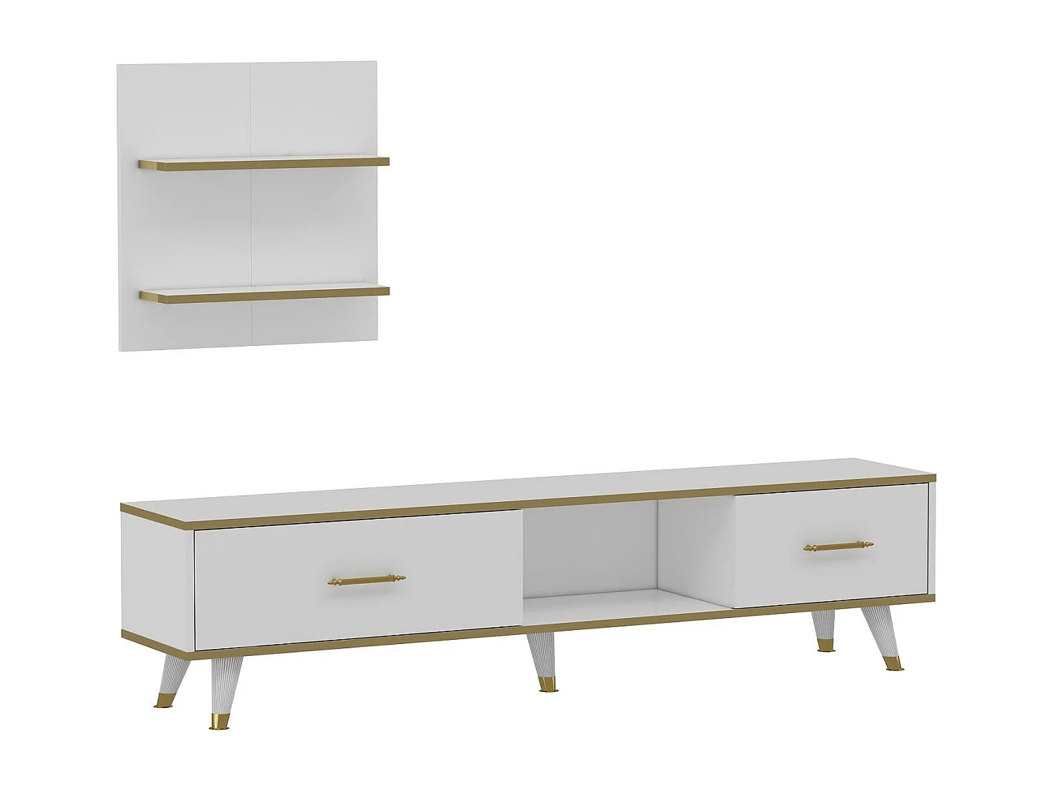 Stojak pod TV – 180x43,6x35 cm – Biały i złoty – Płyta wiórowa pokryta melaminą