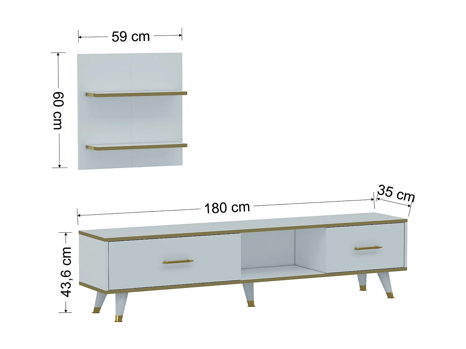 Stojak pod TV – 180x43,6x35 cm – Biały i złoty – Płyta wiórowa pokryta melaminą