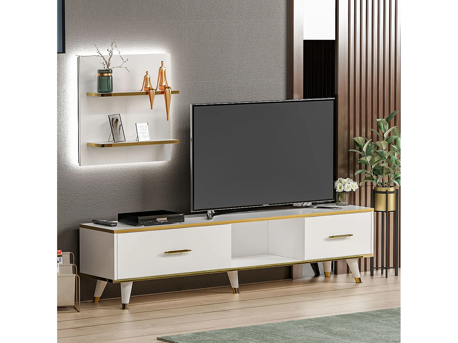 Stojak pod TV – 180x43,6x35 cm – Biały i złoty – Płyta wiórowa pokryta melaminą