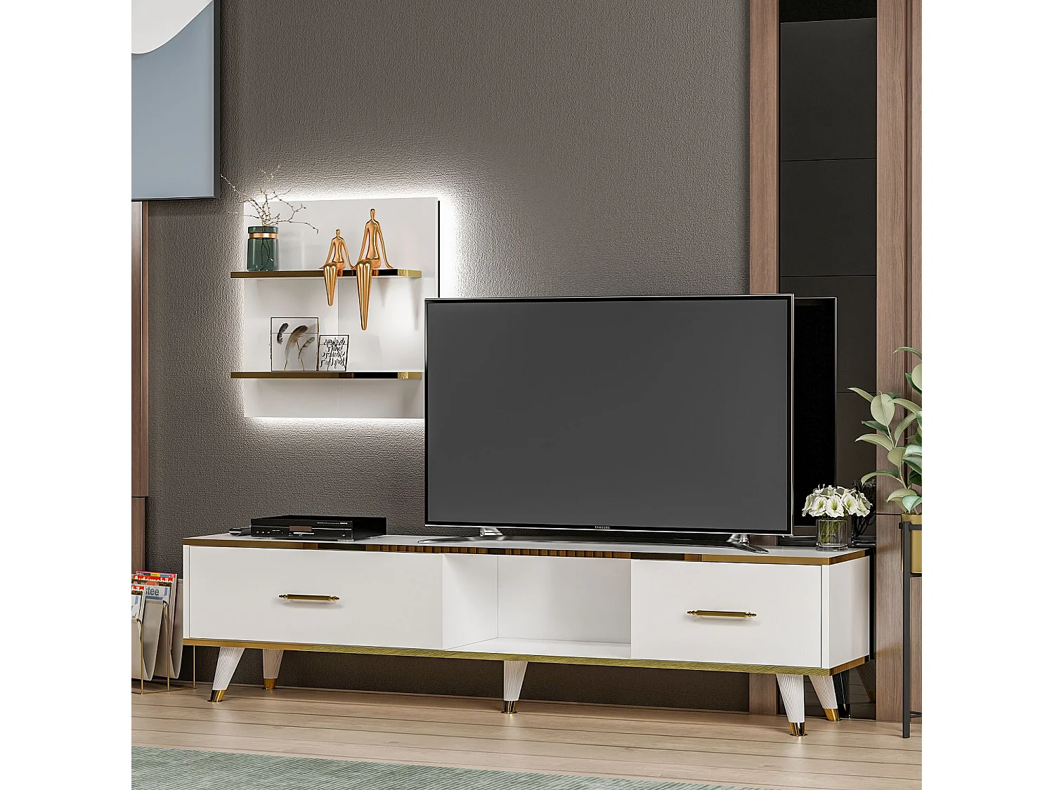 Stojak pod TV – 180x43,6x35 cm – Biały i złoty – Płyta wiórowa pokryta melaminą