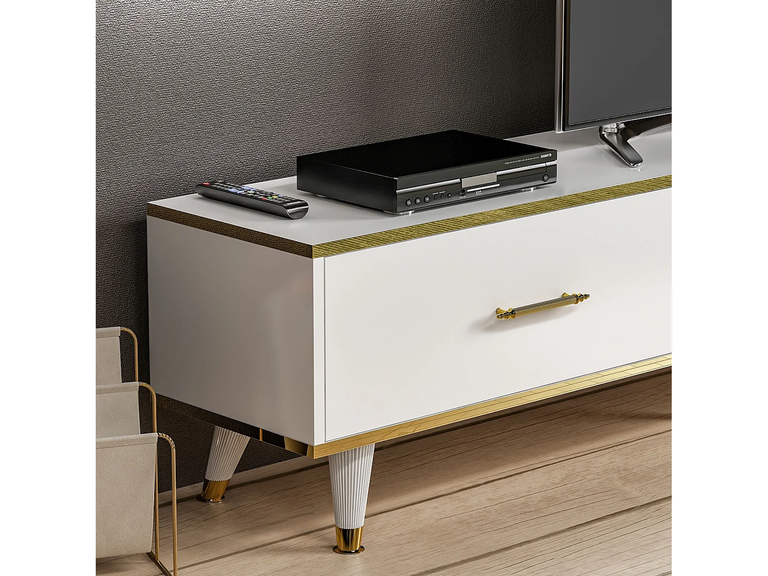 Stojak pod TV – 180x43,6x35 cm – Biały i złoty – Płyta wiórowa pokryta melaminą
