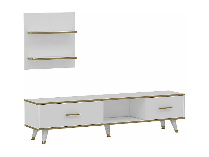 Stojak pod TV – 180x43,6x35 cm – Biały i złoty – Płyta wiórowa pokryta melaminą
