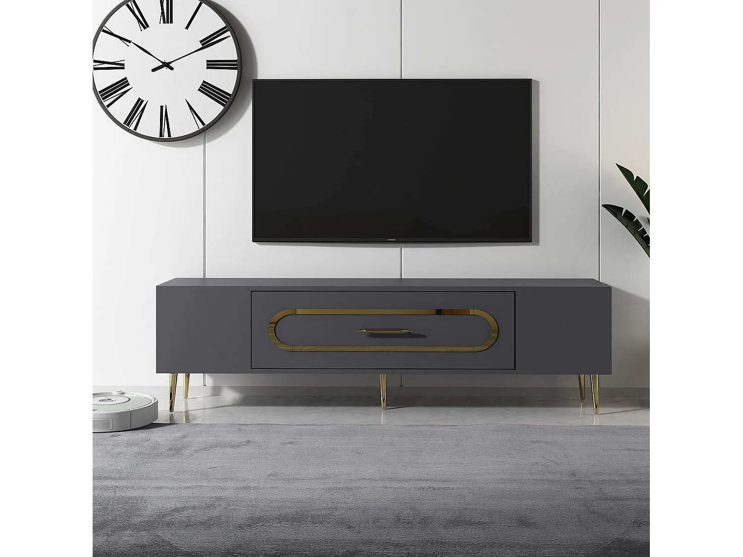 TV-Ständer – 150 cm x 48,2 cm x 29,6 cm – Anthrazit und Gold – Melaminbeschichtete Spanplatte