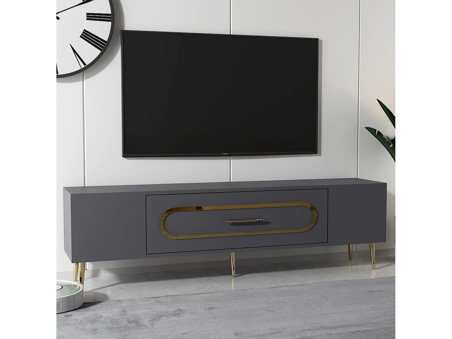 TV-Ständer – 150 cm x 48,2 cm x 29,6 cm – Anthrazit und Gold – Melaminbeschichtete Spanplatte