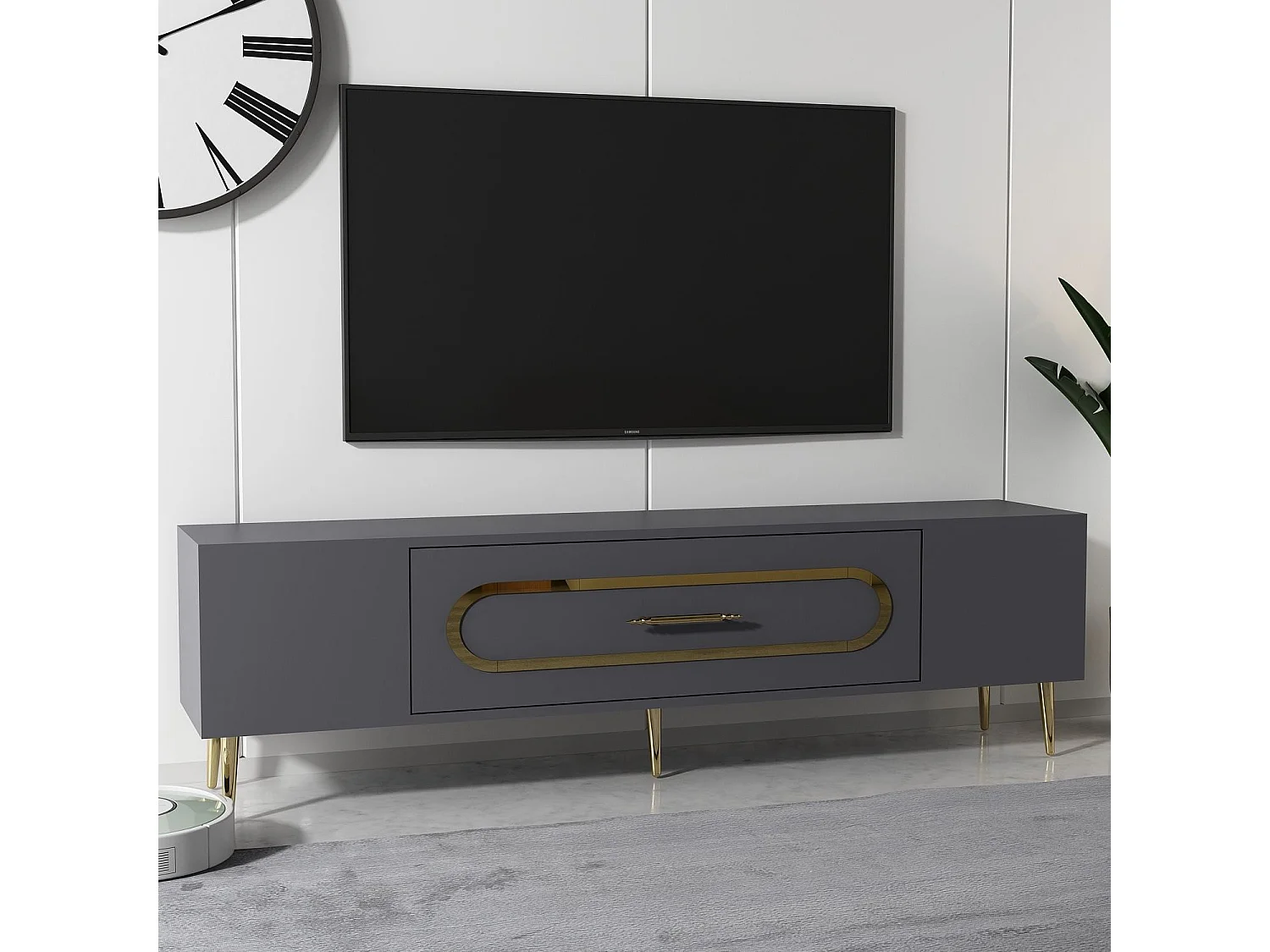 TV-Ständer – 150 cm x 48,2 cm x 29,6 cm – Anthrazit und Gold – Melaminbeschichtete Spanplatte