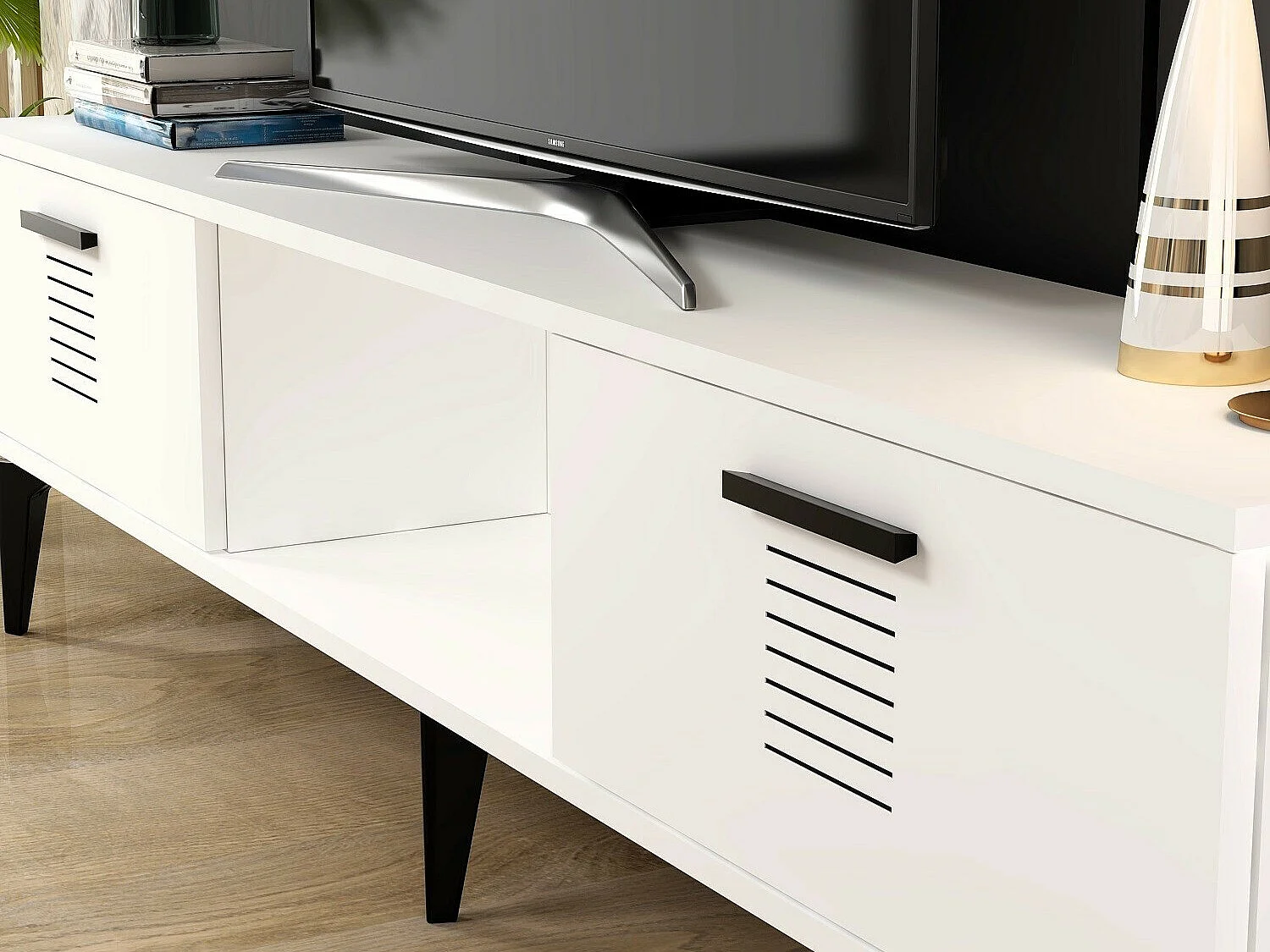 Meuble TV – 150 cm x 44,6 cm x 29,6 cm – Blanc – MDF