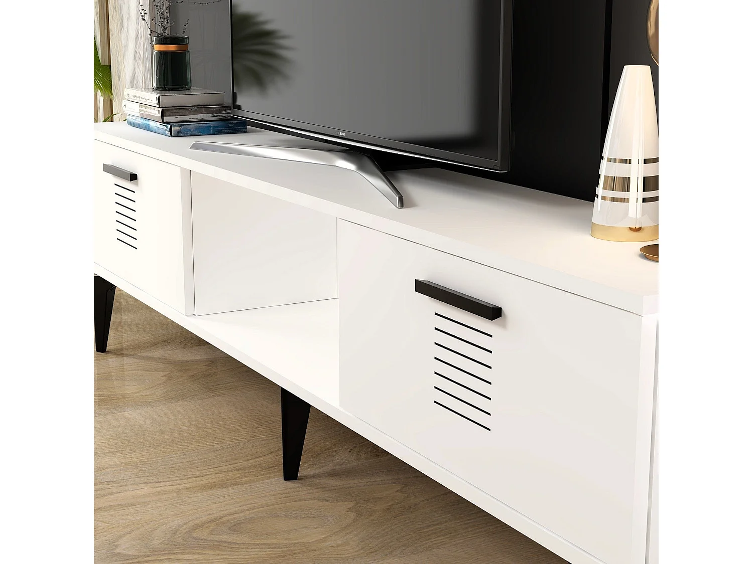 Meuble TV – 150 cm x 44,6 cm x 29,6 cm – Blanc – MDF