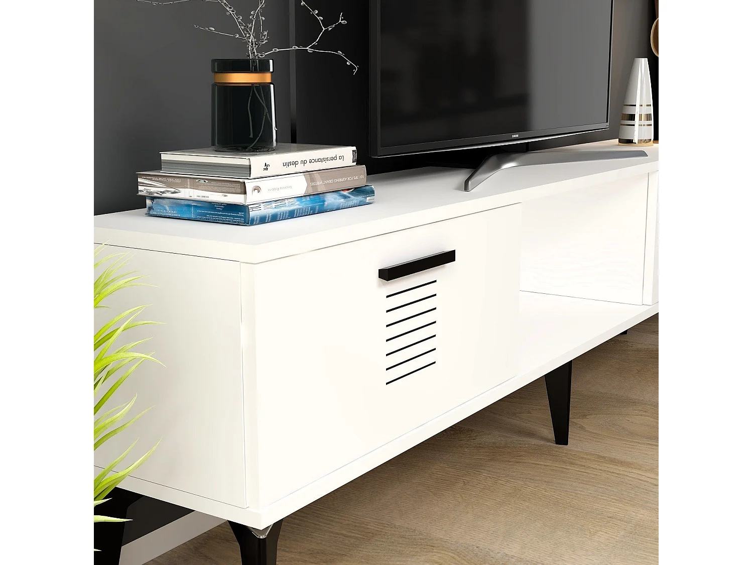 Meuble TV – 150 cm x 44,6 cm x 29,6 cm – Blanc – MDF