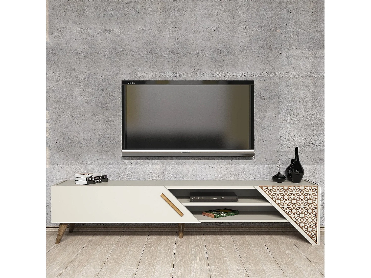 Mobile TV – larghezza 180 cm, altezza 37 cm, profondità 40 cm – crema – pannello truciolare rivestito in melaminico