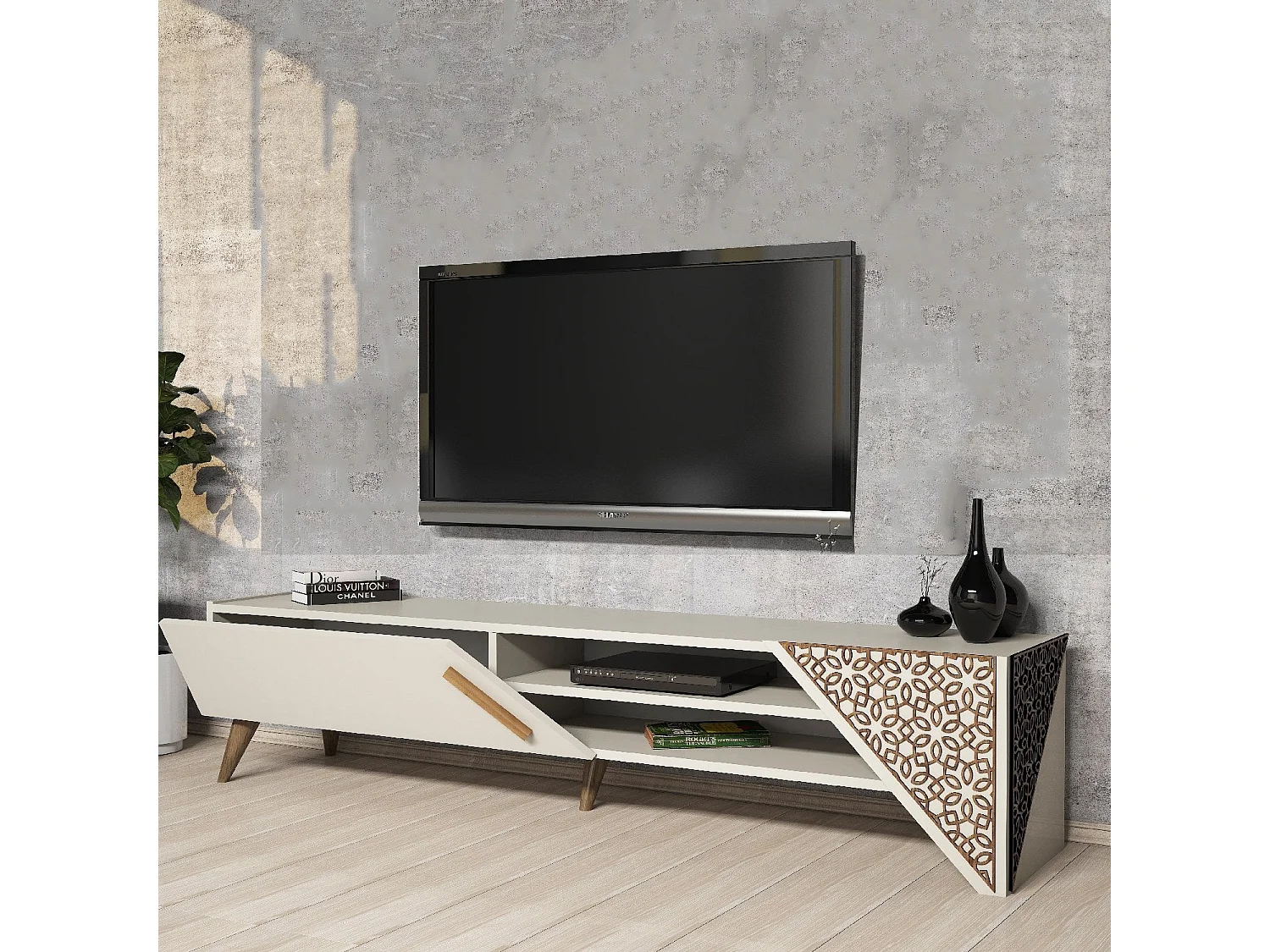 Mobile TV – larghezza 180 cm, altezza 37 cm, profondità 40 cm – crema – pannello truciolare rivestito in melaminico