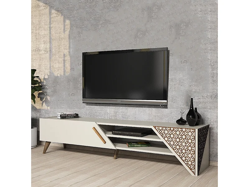 Mobile TV – larghezza 180 cm, altezza 37 cm, profondità 40 cm – crema – pannello truciolare rivestito in melaminico