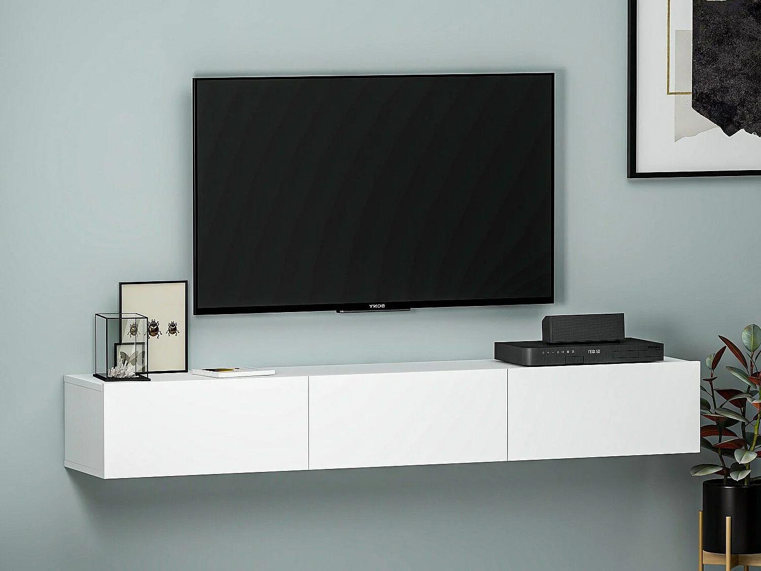 Meuble TV – 180 cm x 26 cm x 31,4 cm – Blanc – Panneau de particules mélaminé